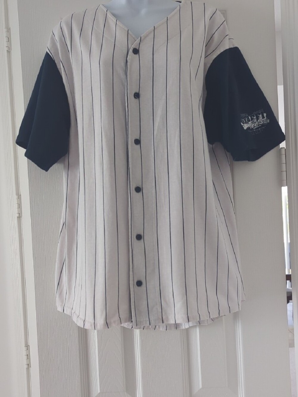 Vintage Badger Sport Men's Pinstripe Baseball Jersey - White with Navy Sleeves - Picture 7 of 7